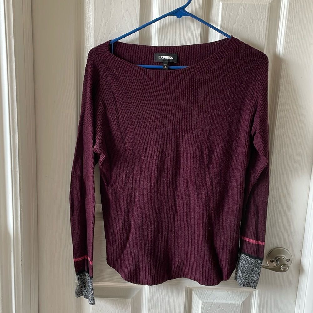 Express maroon purple red sweater pullover with striped sleeves black gray small